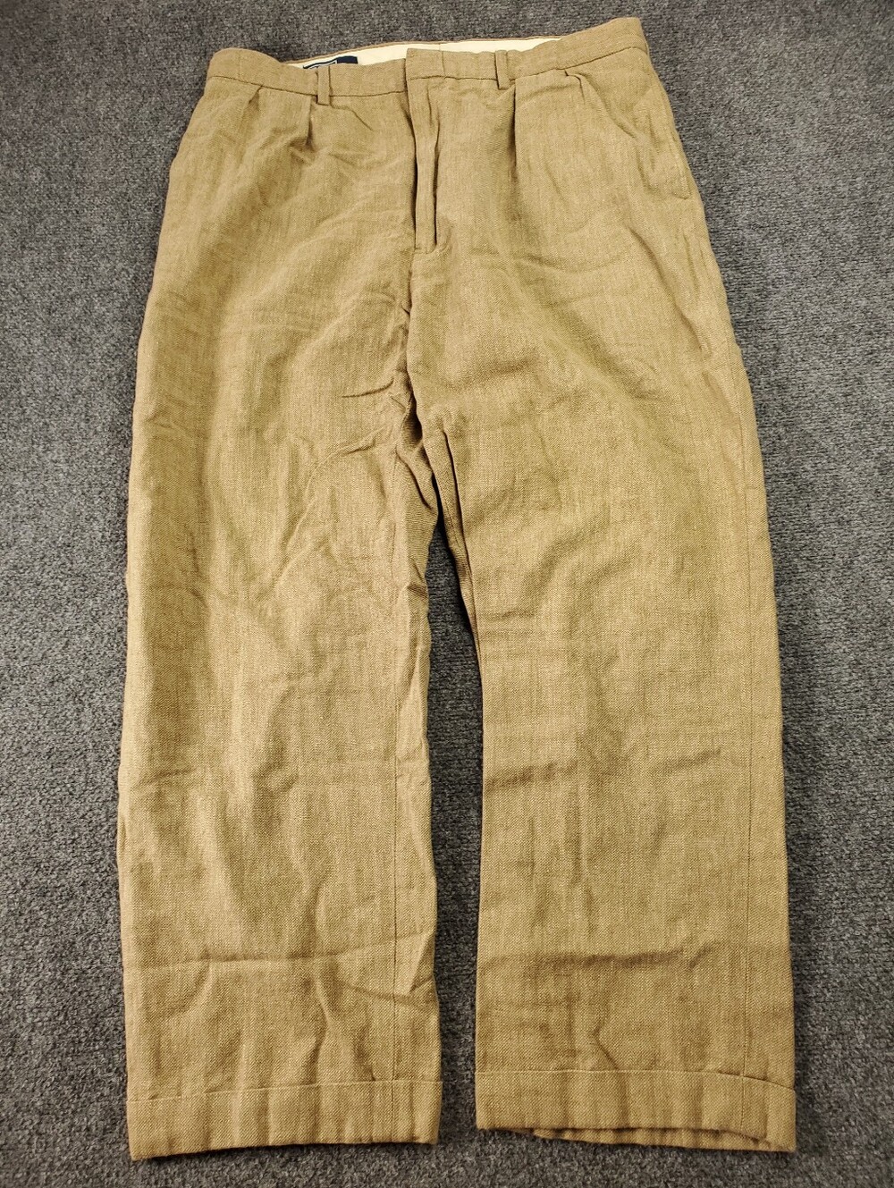 Vintage Polo Ralph Lauren Pleated Trousers 38x32 Linen Blend Khaki Preppy Cuffed